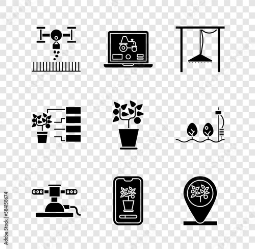 Set Smart farm with drone, Laptop application for smart, Automatic irrigation sprinklers, control farming system, Location and tree, Flower analysis and Plant pot icon. Vector