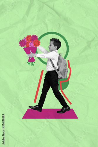 Creative poster collage of walking schoolboy hold bouquet flowers 1 september school holiday knowledge day lesson education student pupil