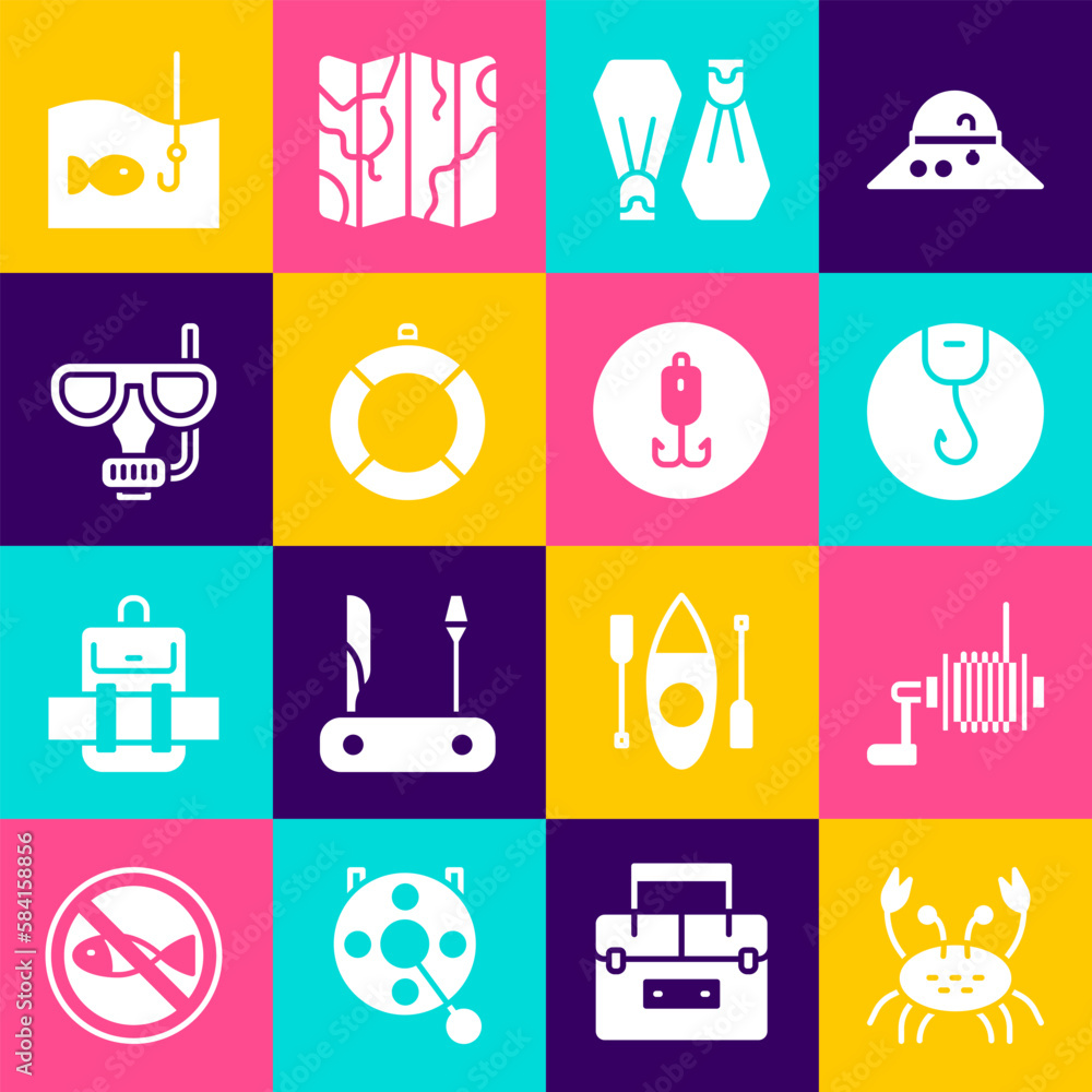 Set Crab, Spinning reel for fishing, Fishing hook, Rubber flippers swimming, Lifebuoy, Diving mask and snorkel, with and icon. Vector Set Crab, Spinning reel for fishing, Fishing hook, Rubber flippers swimming, Lifebuoy, Diving mask and snorkel, with and icon. Vector
