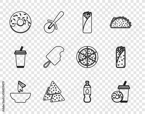 Set line Nachos in plate, Soda drink with donut, Burrito, Donut, Ice cream, Bottle of water and icon. Vector