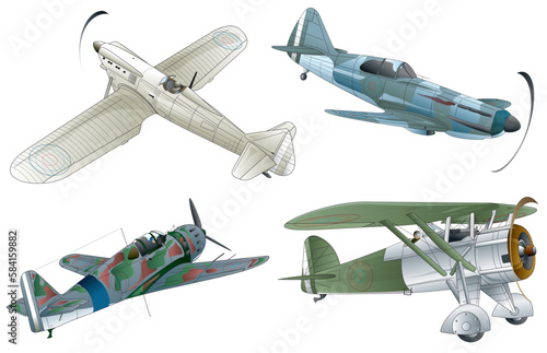 Vector illustration set of 4 different world war II French propeller monoplane fighters (Under rules, no marking's)