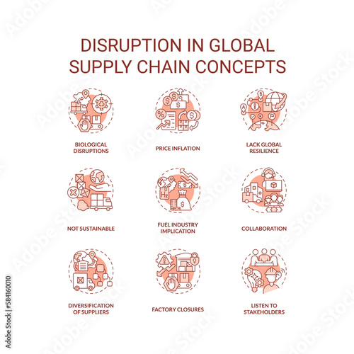 Disruption in global supply chain terracotta concept icons set. International logistics idea thin line color illustrations. Isolated symbols. Editable stroke. Roboto-Medium, Myriad Pro-Bold fonts used