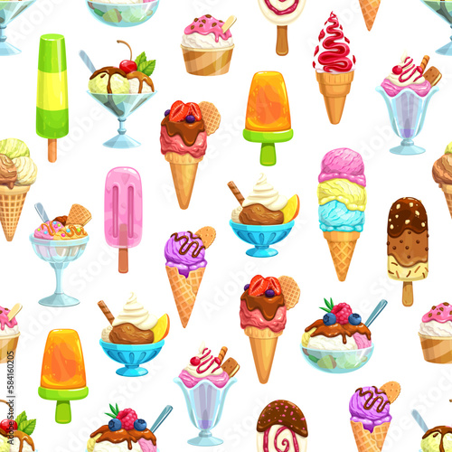 Cartoon ice cream seamless pattern. Textile or fabric background, wallpaper vector print or wrapping paper backdrop with fruit and berry popsicle ice cream, gelateria sweets and sundae cone dessert