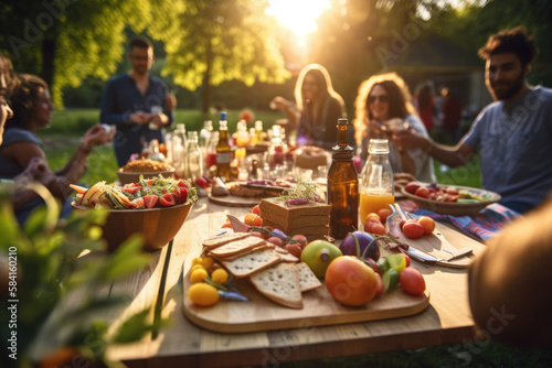 Young and happy people having festive lunch at the beautifully decorated table with healthy food in the garden