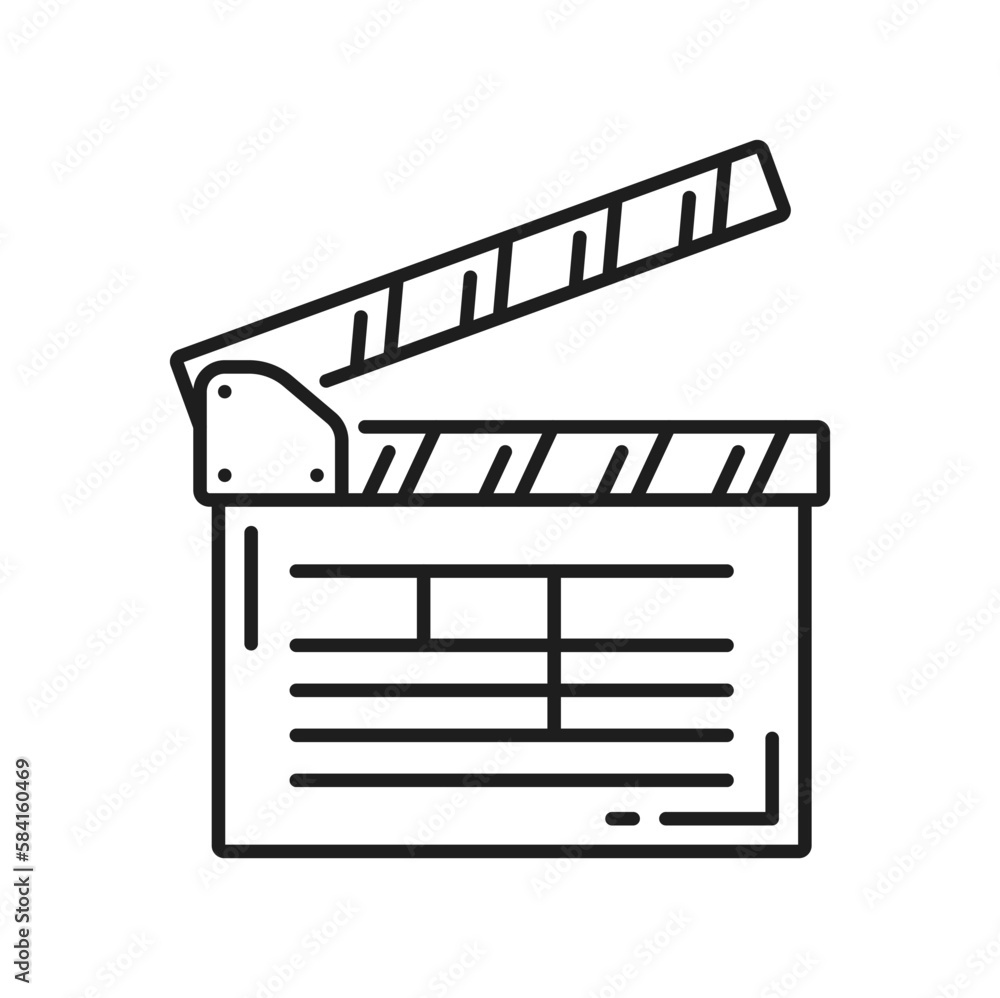 Obraz premium Clapper board isolated film production desk outline icon. Vector movie shooting instrument, movie cinema clapboard, scene and action board