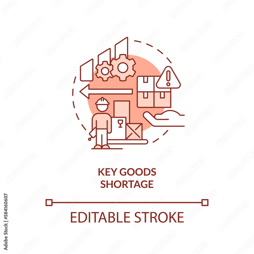 Key goods shortage red concept icon. Consumption. Vulnerability in supply chain abstract idea thin line illustration. Isolated outline drawing. Editable stroke. Arial, Myriad Pro-Bold fonts used