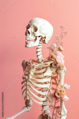 Spring morbid creative concept, human body bones skeleton covered with fresh spring flowers on pastel pink background. Illustration, Generative AI.