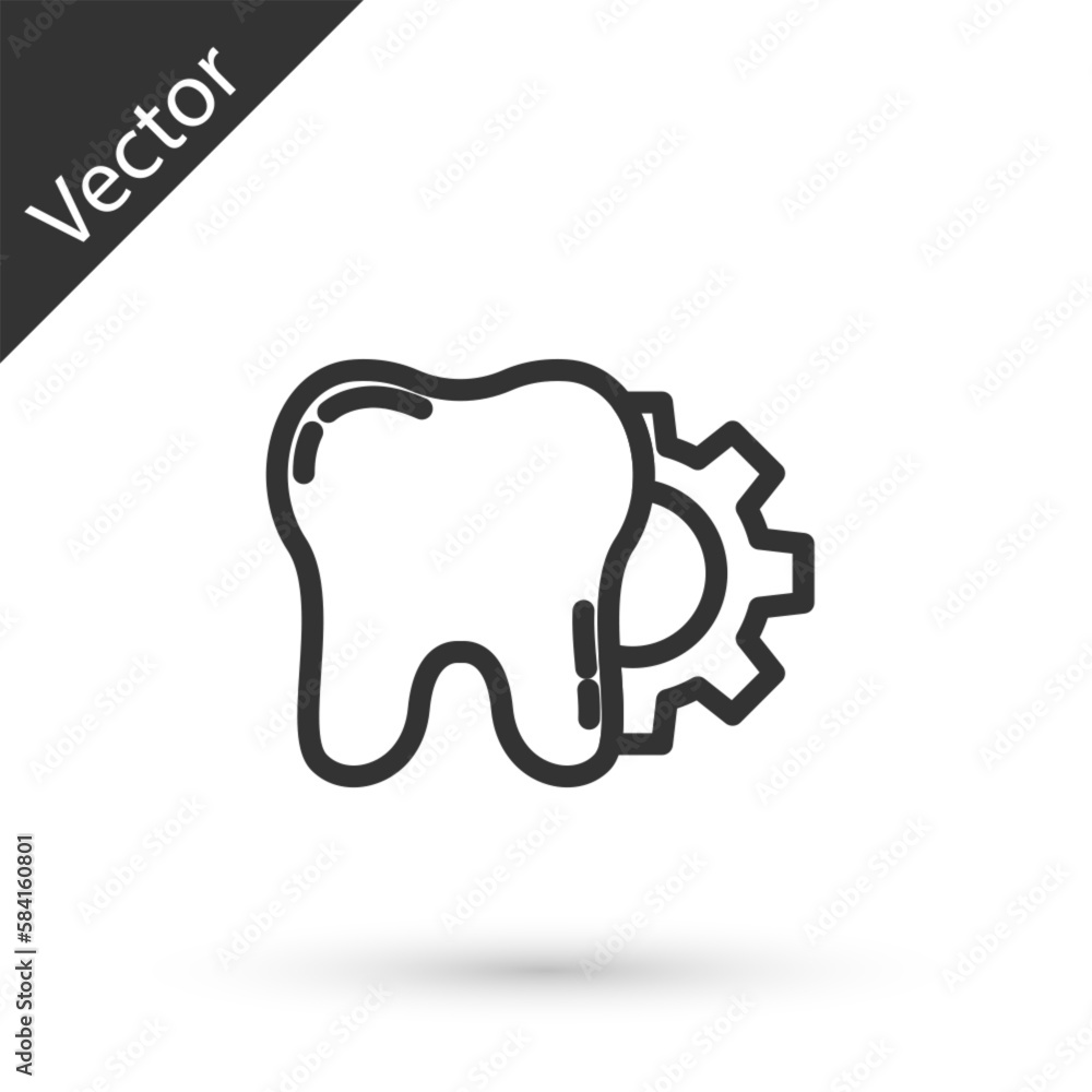Grey line Tooth treatment procedure icon isolated on white background. Tooth repair with gear. Vector Grey line Tooth treatment procedure icon isolated on white background. Tooth repair with gear. Vector