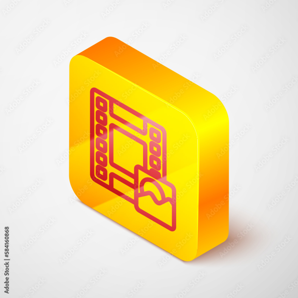 Isometric line Play Video icon isolated on grey background. Film strip sign. Yellow square button. Vector Isometric line Play Video icon isolated on grey background. Film strip sign. Yellow square button. Vector