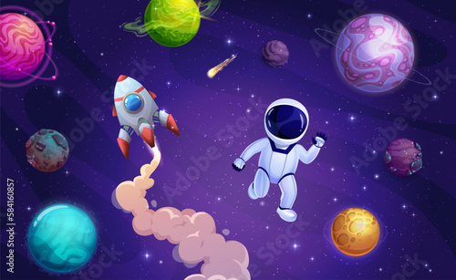 Cartoon astronaut in outer space starry galaxy landscape. Vector funny cosmonaut float in weightlessness with alien planets, rocket spaceship, asteroids and stars. Interstellar journey, mission