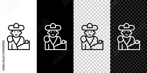 Set line Spain bullfight, matador icon isolated on black and white background. Traditional Spanish entertainment. Vector