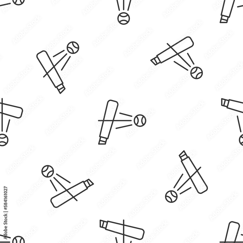 Grey line Baseball bat with ball icon isolated seamless pattern on white background. Vector