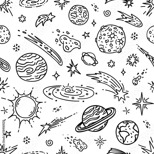 Doodle space planets, stars, comets and asteroids seamless pattern. Galaxy universe vector background with hand drawn Earth, Moon, Saturn, Sun and shooting star sketches, astronomy science pattern