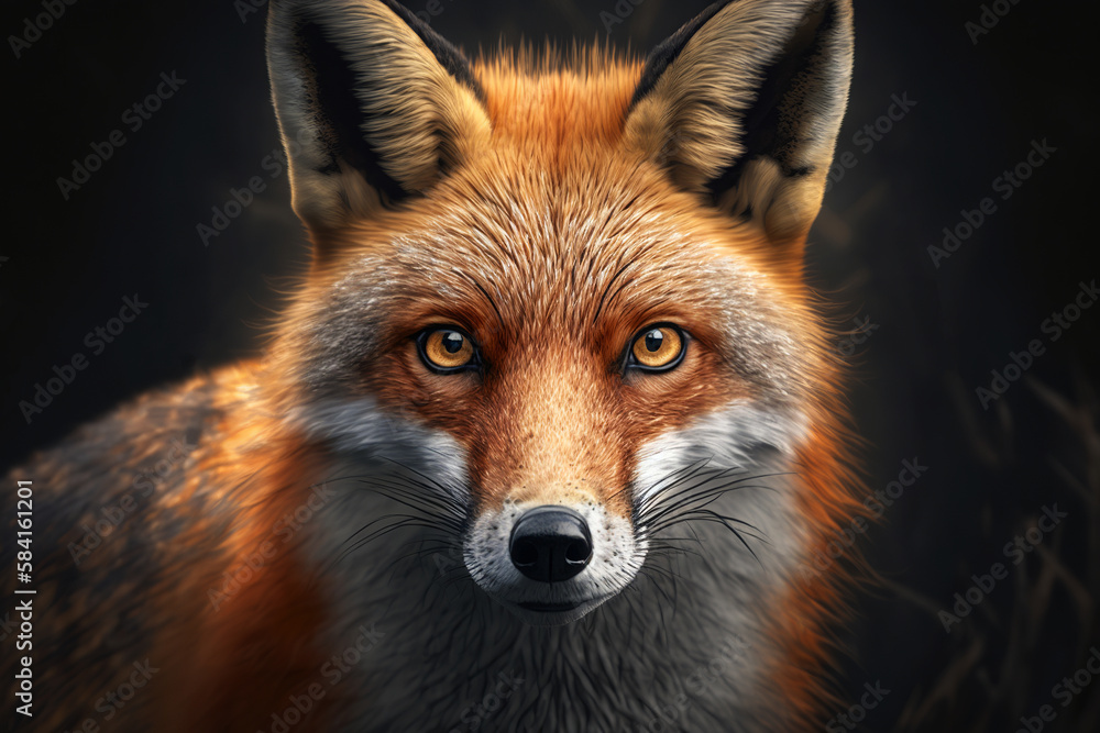 Portrait of red sly predatory fox looking at camera. Animal generative ai illustration Portrait of red sly predatory fox looking at camera. Animal generative ai illustration