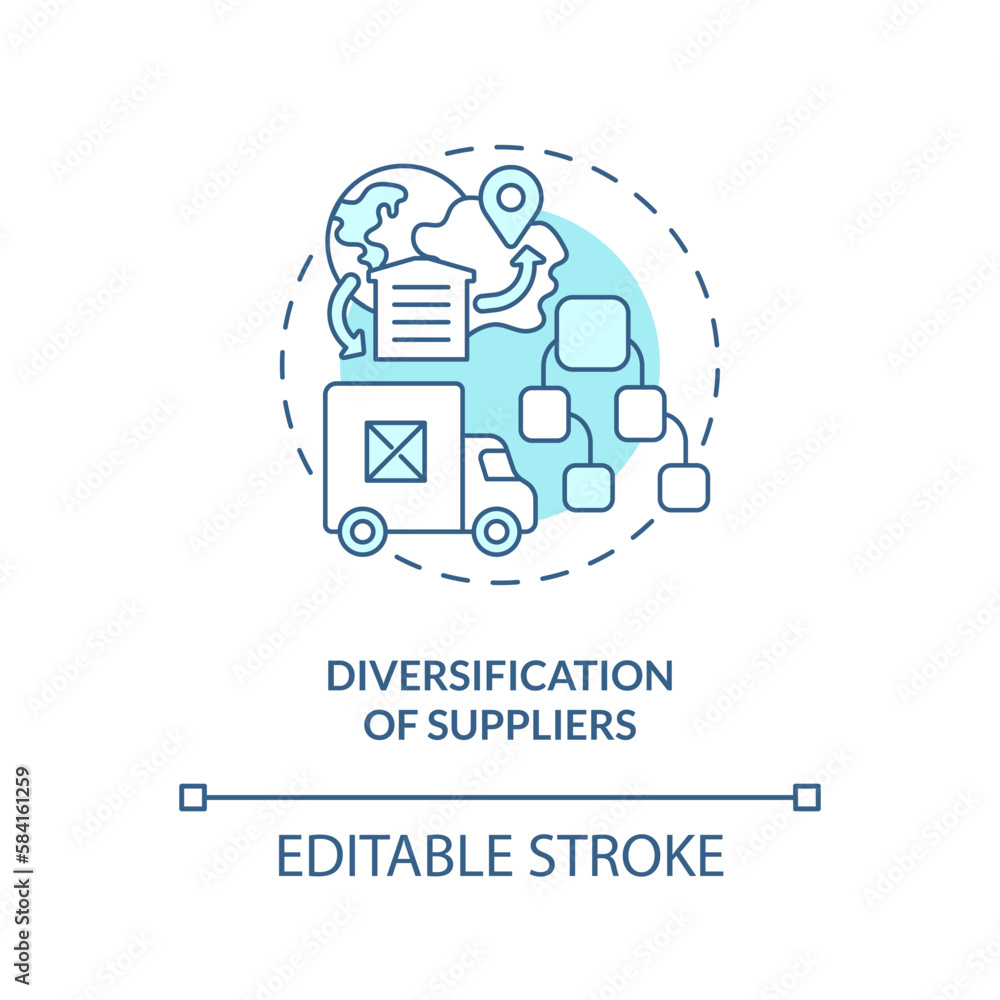 Diversification of suppliers turquoise concept icon. Key supply chain strategy abstract idea thin line illustration. Isolated outline drawing. Editable stroke. Arial, Myriad Pro-Bold fonts used