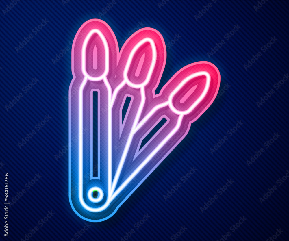 Glowing neon line Set of false nails for manicure icon isolated on blue background. Varnish color palette for nail extension. Artificial nails. Vector Glowing neon line Set of false nails for manicure icon isolated on blue background. Varnish color palette for nail extension. Artificial nails. Vector
