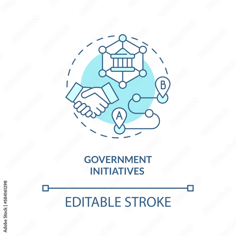Government initiatives turquoise concept icon. Regulation. Key supply chain strategy abstract idea thin line illustration. Isolated outline drawing. Editable stroke. Arial, Myriad Pro-Bold fonts used