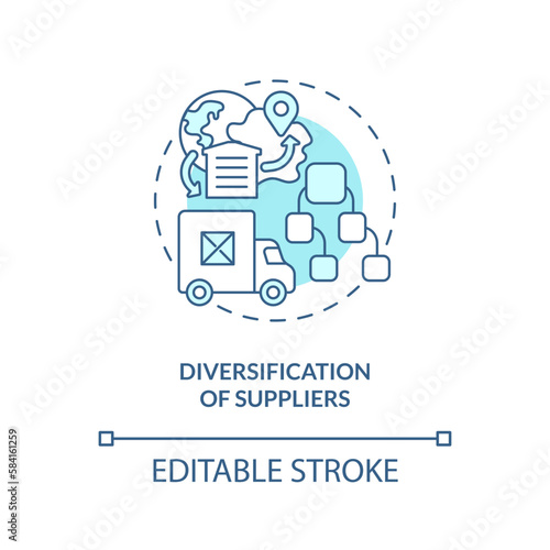 Diversification of suppliers turquoise concept icon. Key supply chain strategy abstract idea thin line illustration. Isolated outline drawing. Editable stroke. Arial, Myriad Pro-Bold fonts used