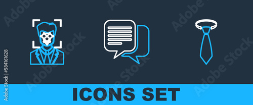 Set line Tie, Face recognition and Chat icon. Vector