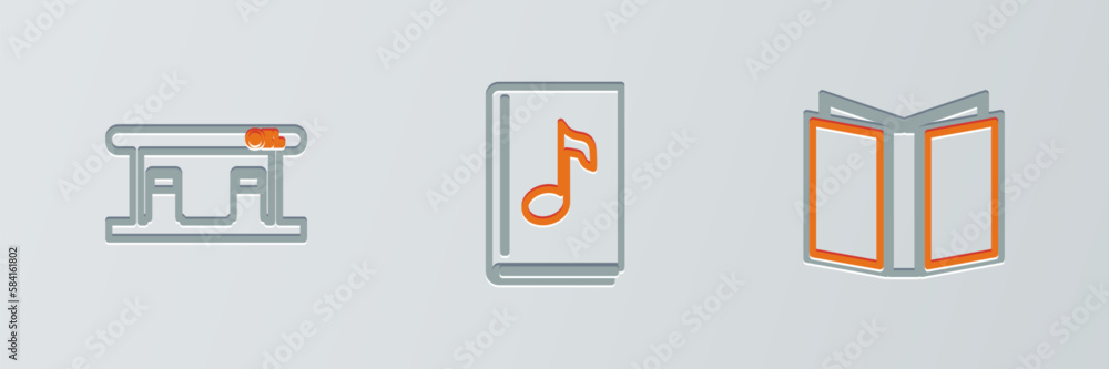 Set line Open book, Gas filling station and Audio icon. Vector Set line Open book, Gas filling station and Audio icon. Vector