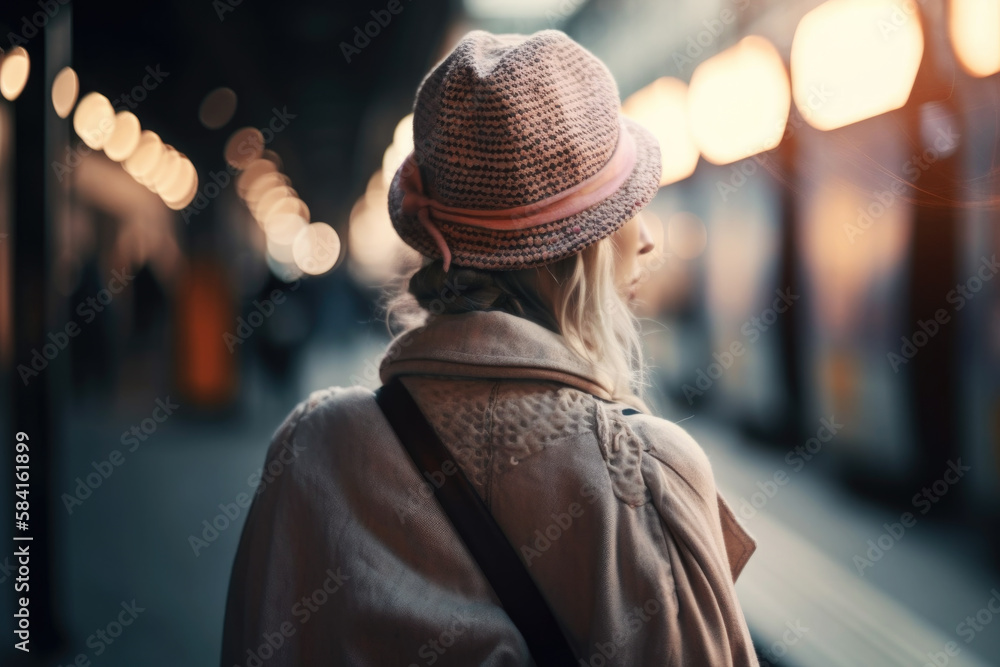 Hipster girl walking on city street. Generative AI.