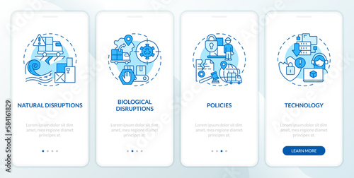 Supply chain challenges blue onboarding mobile app screen. Delivery walkthrough 5 steps editable graphic instructions with linear concepts. UI, UX, GUI template. Myriad Pro-Bold, Regular fonts used