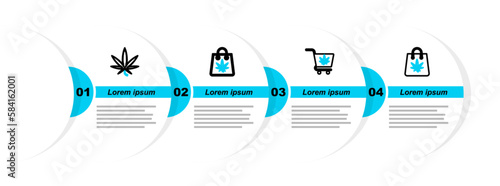 Set line Shopping bag of marijuana, cart with, and Marijuana or cannabis leaf icon. Vector