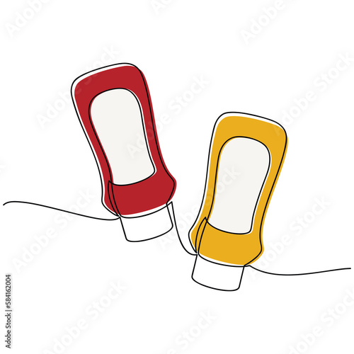 Set of tomato ketchup and mustard bottles vector one line continuous drawing illustration. Hand drawn linear silhouette icon. Minimal design, print, banner, menu, logo. Fast food, snack, meal.