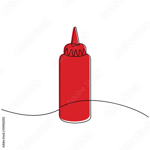 Vector tomato ketchup bottle one line continuous drawing illustration. Hand drawn linear silhouette icon. Minimal design, print, banner, brochure, menu, logo. Fast food, snack, meal.