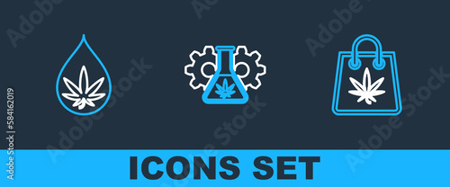 Set line Shopping bag of marijuana, Marijuana or cannabis leaf oil and Test tube with icon. Vector