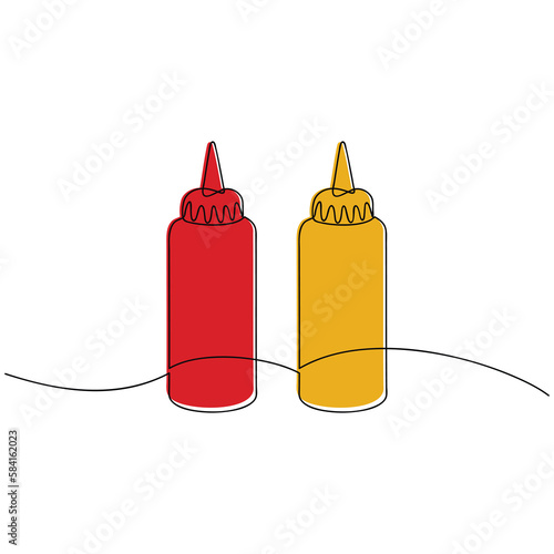 Vector set of ketchup and mustard bottles one line continuous drawing illustration. Hand drawn linear silhouette icon. Minimal design, print, banner, menu, logo. Fast food, snack, meal.