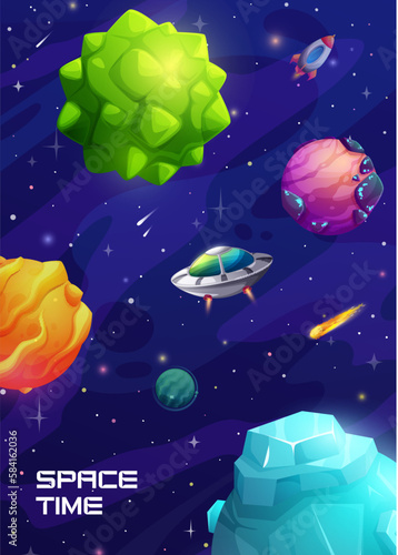Cartoon space landscape, galaxy planets and UFO in sky, vector background. Galaxy universe stars and aliens in cosmic fantasy world, rocket spaceflight to moon, futuristic cosmos with asteroids