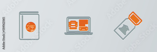Set line Museum ticket, Cover book travel guide and Online car sharing icon. Vector
