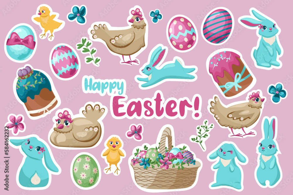Set of stickers for the spring Easter holiday is isolated on pink. Collection of symbols with flowers, rabbits, eggs, floral elements, and flowers for decoration of cards, and posters. Set of stickers for the spring Easter holiday is isolated on pink. Collection of symbols with flowers, rabbits, eggs, floral elements, and flowers for decoration of cards, and posters.