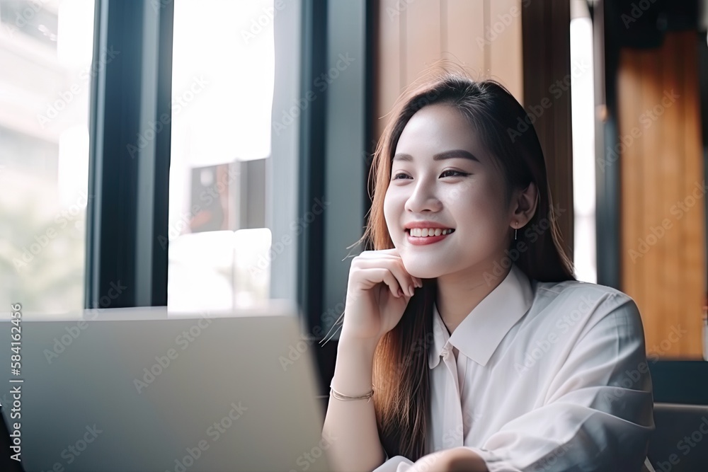 Portait of Asian business woman smile with computer laptop. Generative AI Portait of Asian business woman smile with computer laptop. Generative AI