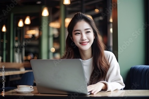 Portait of Asian business woman smile with computer laptop. Generative AI