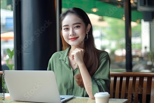 Portait of Asian business woman smile with computer laptop. Generative AI © AI Farm