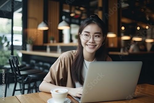 Portait of Asian business woman smile with computer laptop. Generative AI