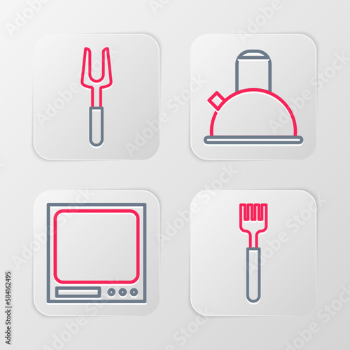 Set line Fork, Electronic scales, Kettle with handle and Barbecue fork icon. Vector