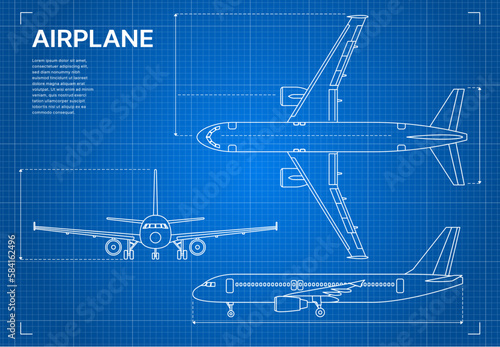 Outline plane aircraft blueprint or airplane design drawing, vector aviation industry. Plane jet blueprint plan with side and top view, aeroplane technical scheme in contour sketch line on blue print photo