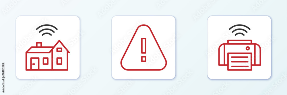 Set line Smart printer, home with wireless and Exclamation mark triangle icon. Vector Set line Smart printer, home with wireless and Exclamation mark triangle icon. Vector