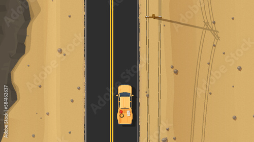 Desert road top view car driving through the deserted area with dry land and electric poles with wires along asphalted highway. Vector landscape of highway and automobile travel in Africa or Mexico