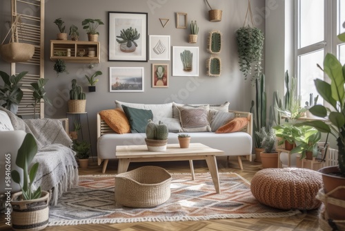 Bohemian living room with planted ficus and cactus in wicker baskets  soft grey plaid  and colorful cushions on white sofa. Houseplants  faux picture frame  and home d  cor on wall shelf. Generative AI