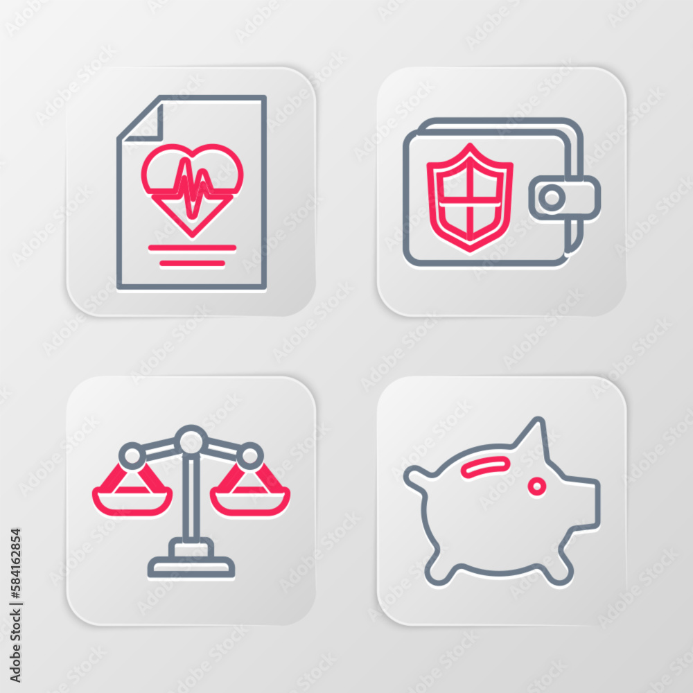 Set line Piggy bank, Scales of justice, Wallet with shield and Health insurance icon. Vector Set line Piggy bank, Scales of justice, Wallet with shield and Health insurance icon. Vector