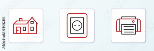 Set line Printer, House and Electrical outlet icon. Vector