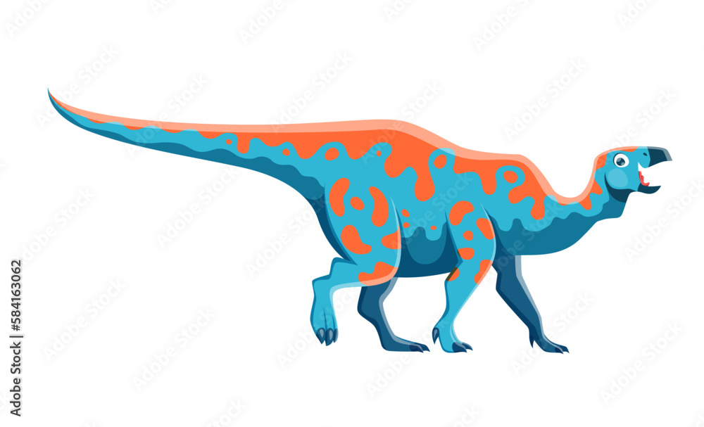 Cartoon Iguanodon dinosaur characters. Extinct lizard, ancient wildlife animal or paleontology reptile. Prehistoric monster, Jurassic era herbivorous Iguanodon dinosaur cute vector personage with beak