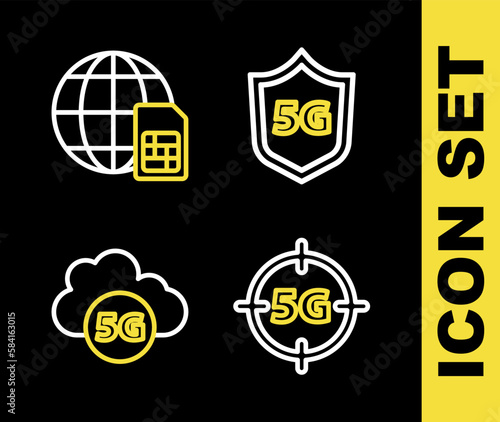 Set line Protective shield 5G, network, Cloud and icon. Vector