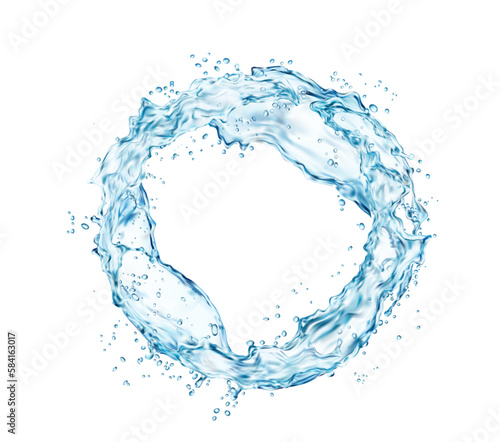 Round water splash with blue drops. Vector realistic circle, wave or swirl of transparent liquid, fresh aqua or clear drink water with ripples, bubbles and droplets. 3d round flow or stream with drops