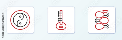 Set line Tandoori chicken, Yin Yang and Sitar icon. Vector