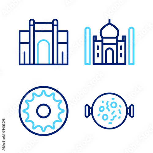 Set line Chicken tikka masala, Chakra, Taj Mahal and India Gate in Delhi icon. Vector
